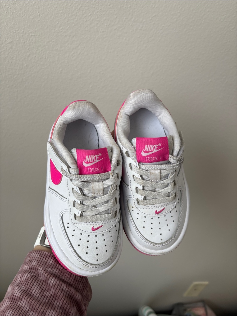 Nike AIR FORCE 1 WHITE/LASER FUCHSIA kids size 8 C lace up Velcro sneakers - Picture 8 of 14